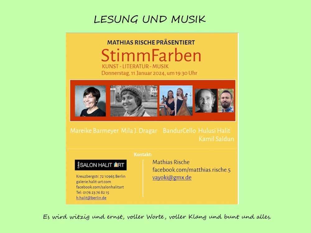 Lesebühne Stimmfarben Flyer, 11. Januar 24, 19:30Uhr in der Galerie Halit Art