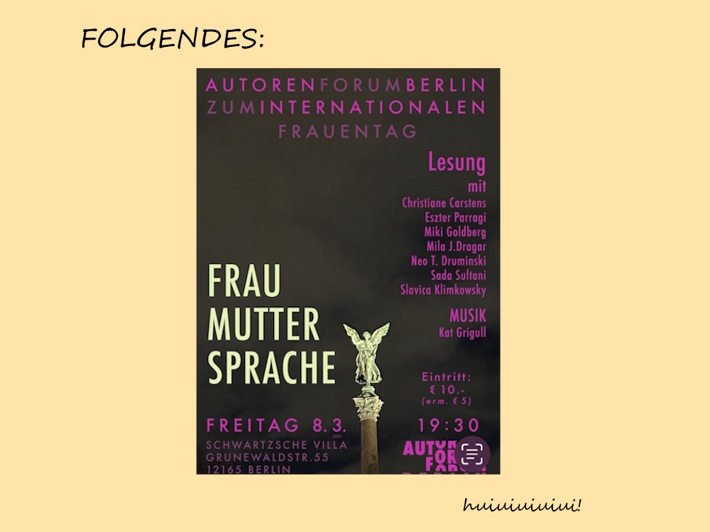 Poster mit der Aufschrift: Frau Mutter Sprache. Lesung des Autorenforums Berlin.